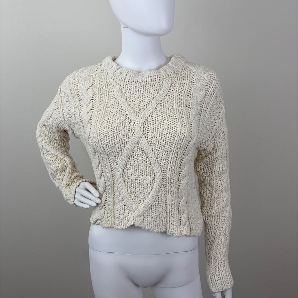Free People Womens Cream Cotton Chunky Cable Knit Cropped Sweater Ivory Small‎